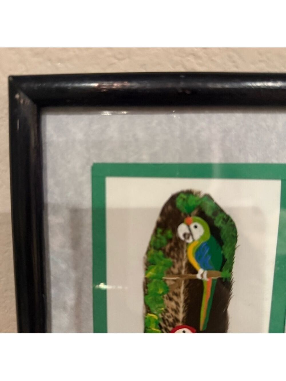 Parrots Art Painting on Feather Artwork Framed Nicaragua Blue Green Colorful Art - Picture 7 of 12